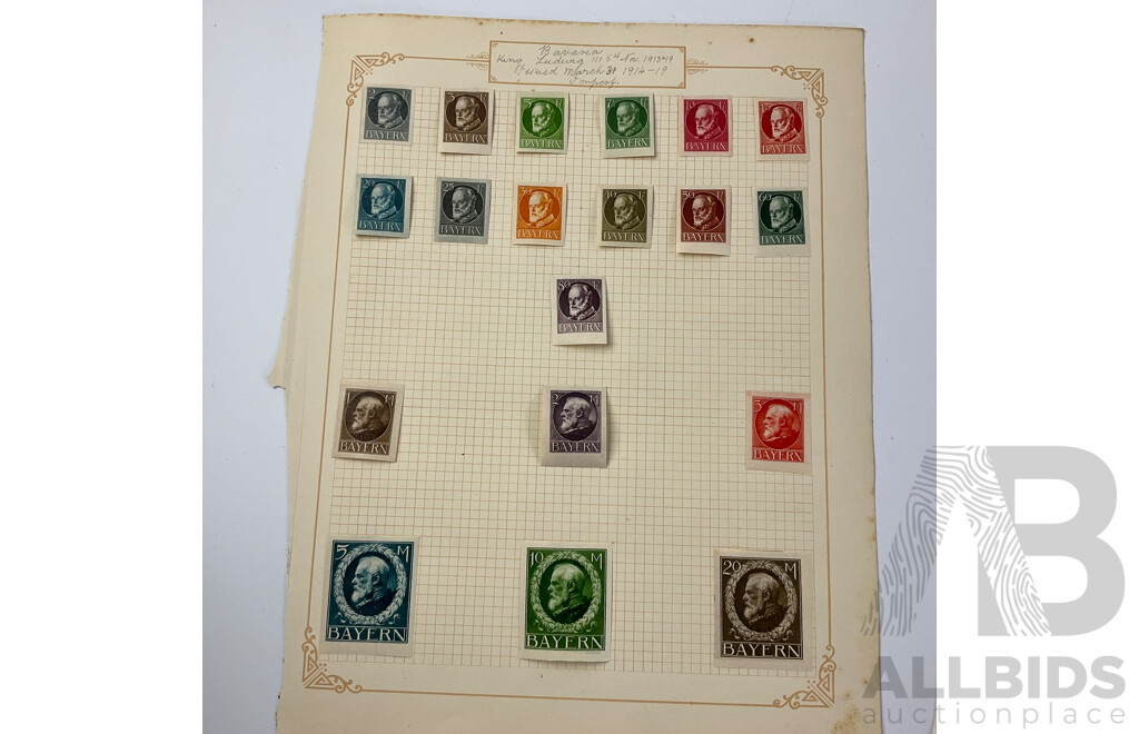 Collection of Bavarian Antique Stamps Including Overprints, Imperf King Ludwig III