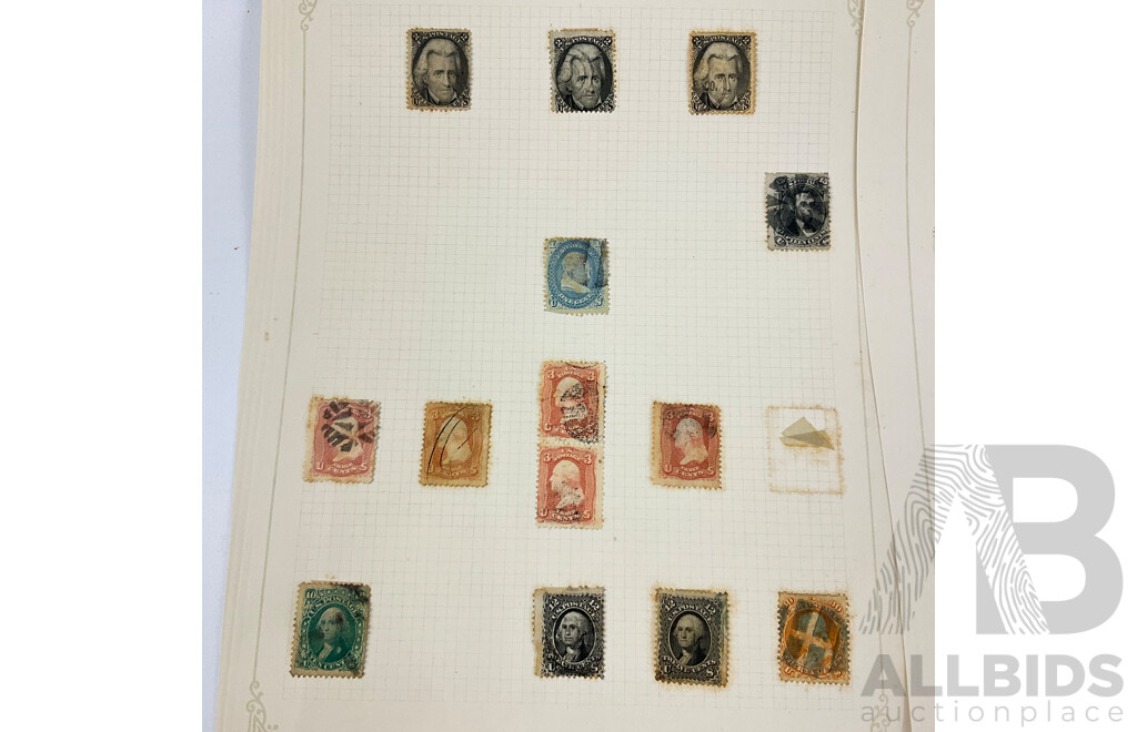 Collection of USA Mid to Late 1800's Stamps Including Imperf Ten and Twelve Cent George Washington, Hand Cancel, Jackson Two Cents and More