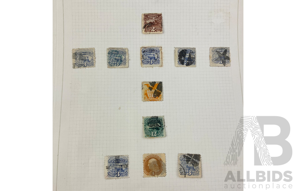 Collection of USA Mid to Late 1800's Stamps Including Imperf Ten and Twelve Cent George Washington, Hand Cancel, Jackson Two Cents and More