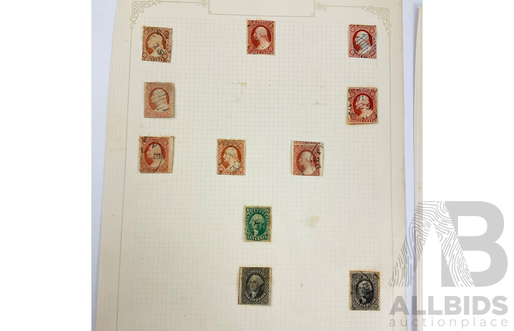 Collection of USA Mid to Late 1800's Stamps Including Imperf Ten and Twelve Cent George Washington, Hand Cancel, Jackson Two Cents and More