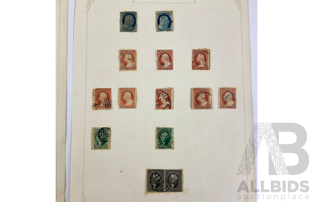 Collection of USA Mid to Late 1800's Stamps Including Imperf Ten and Twelve Cent George Washington, Hand Cancel, Jackson Two Cents and More