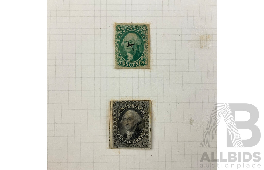 Collection of USA Mid to Late 1800's Stamps Including Imperf Ten and Twelve Cent George Washington, Hand Cancel, Jackson Two Cents and More