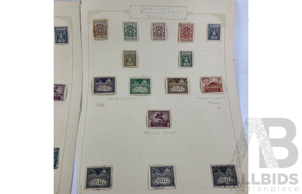 Collection of Poland 1918-1919 Stamps Including German Occupation Surcharge, Over Prints, Austrian Military, Imperfs