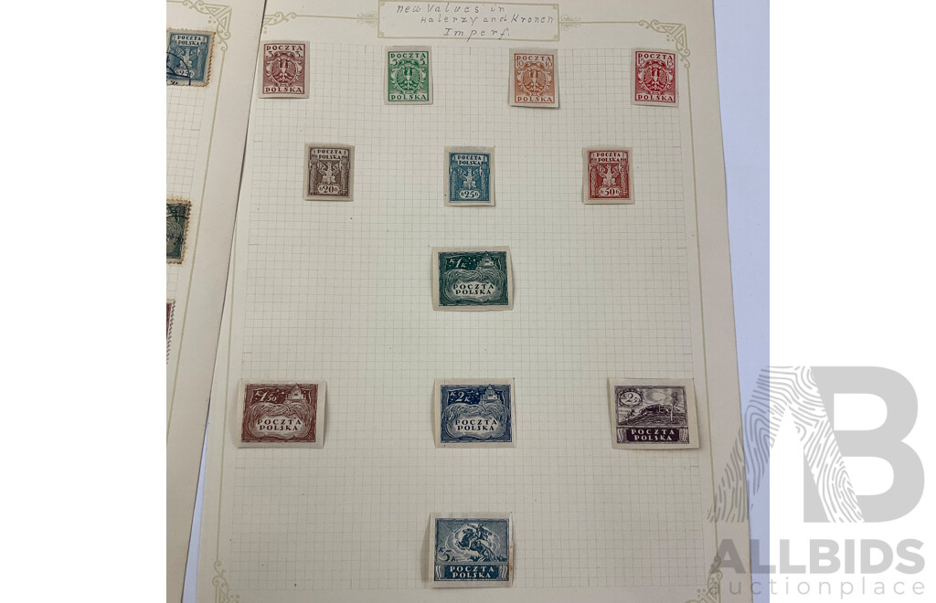 Collection of Poland 1918-1919 Stamps Including German Occupation Surcharge, Over Prints, Austrian Military, Imperfs
