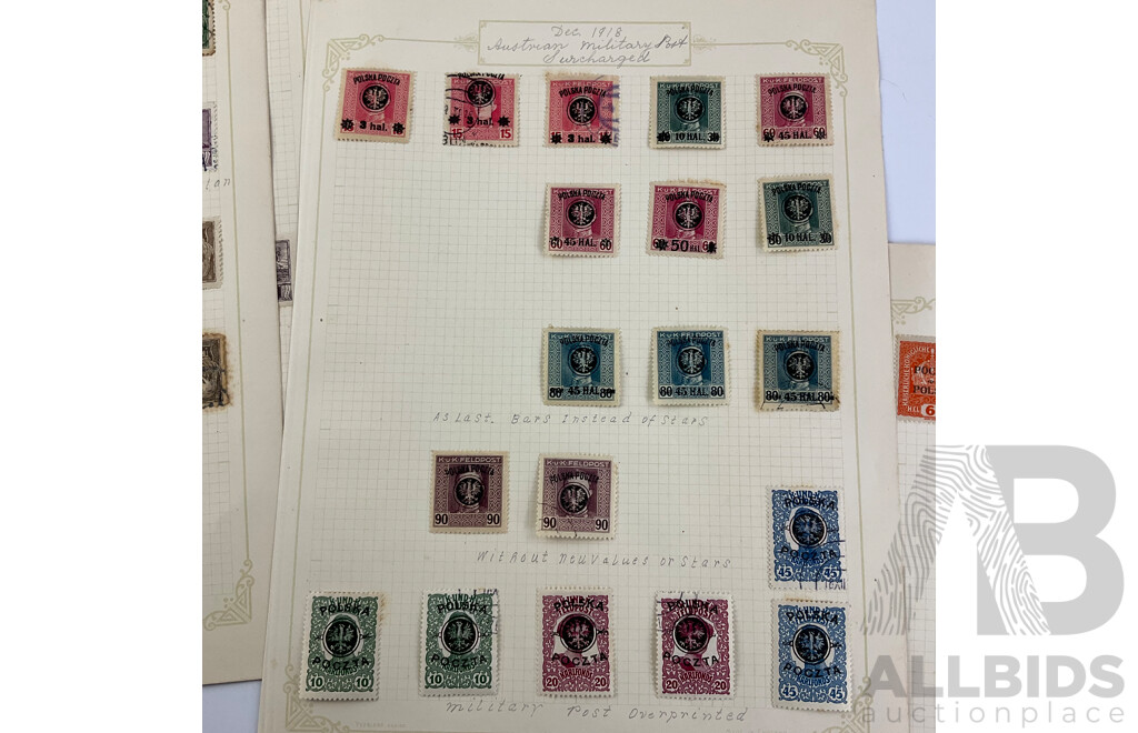 Collection of Poland 1918-1919 Stamps Including German Occupation Surcharge, Over Prints, Austrian Military, Imperfs
