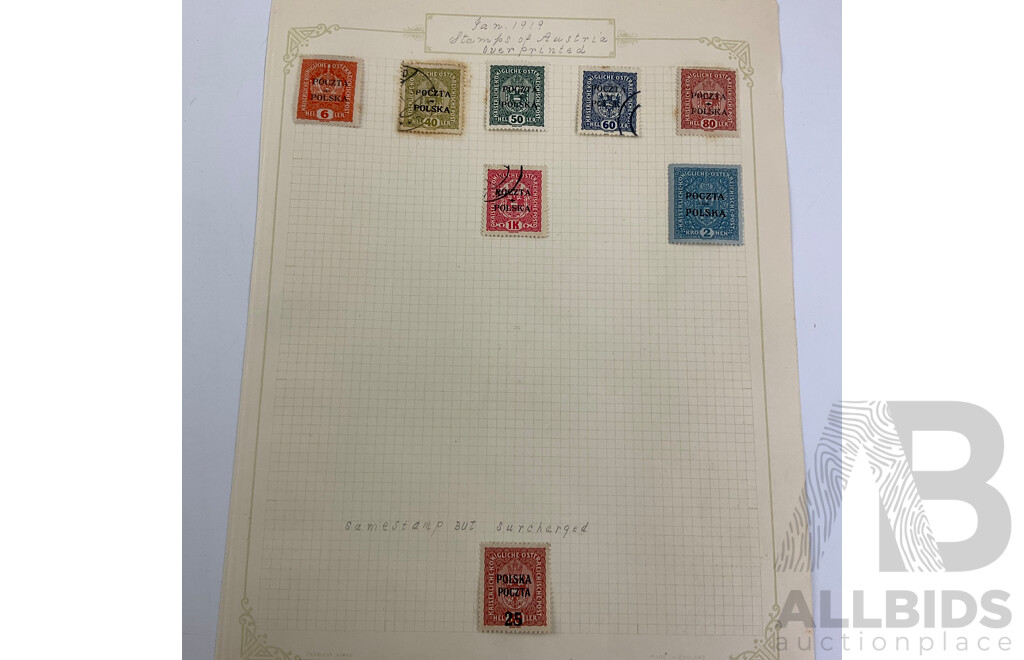 Collection of Poland 1918-1919 Stamps Including German Occupation Surcharge, Over Prints, Austrian Military, Imperfs