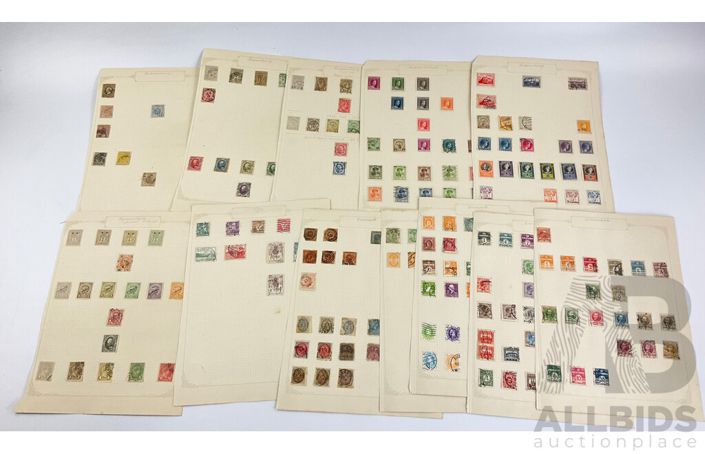 Collection of Antique and Vintage Denmark and Luxembourg Stamps Including Part Sets, Imperfs, Over Prints, Official