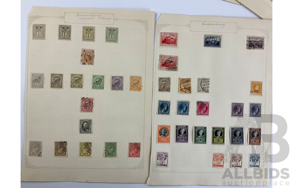 Collection of Antique and Vintage Denmark and Luxembourg Stamps Including Part Sets, Imperfs, Over Prints, Official