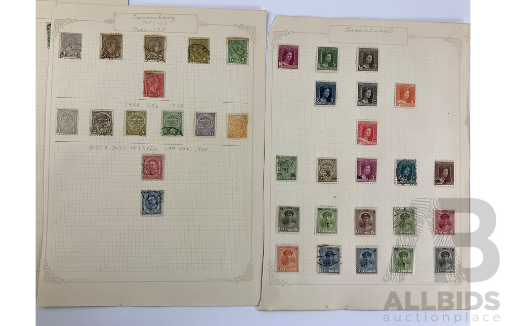 Collection of Antique and Vintage Denmark and Luxembourg Stamps Including Part Sets, Imperfs, Over Prints, Official
