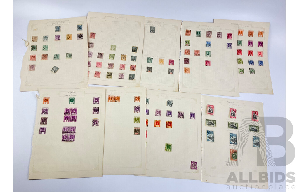 Collection of Ceylon Antique and Vintage Stamps Examples From 1860's to 1930's Including KGV, War Tax, Overprints, Hinged Mint Blocks