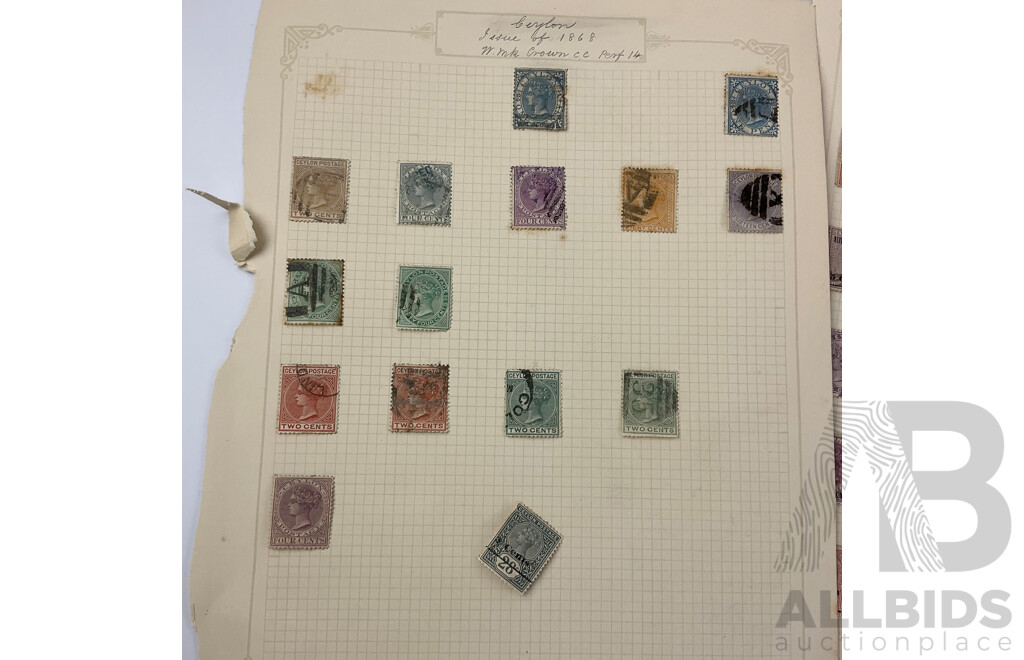 Collection of Ceylon Antique and Vintage Stamps Examples From 1860's to 1930's Including KGV, War Tax, Overprints, Hinged Mint Blocks