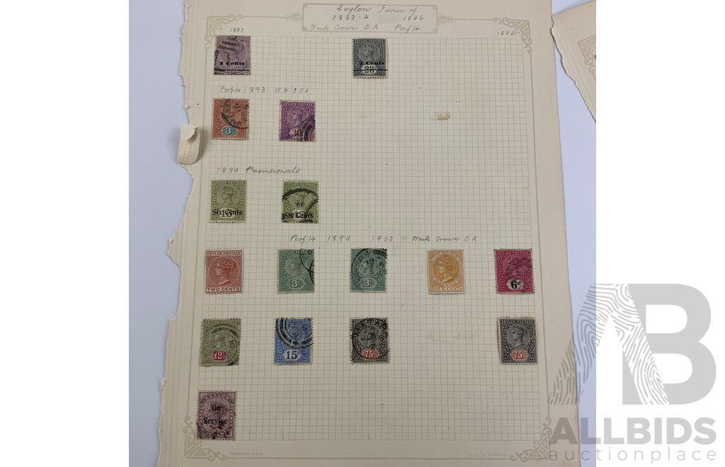 Collection of Ceylon Antique and Vintage Stamps Examples From 1860's to 1930's Including KGV, War Tax, Overprints, Hinged Mint Blocks