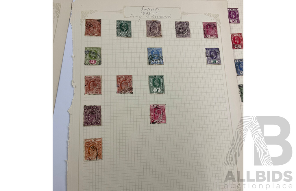 Collection of Ceylon Antique and Vintage Stamps Examples From 1860's to 1930's Including KGV, War Tax, Overprints, Hinged Mint Blocks