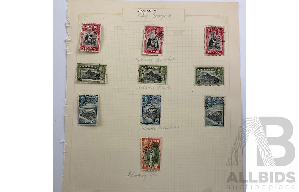 Collection of Ceylon Antique and Vintage Stamps Examples From 1860's to 1930's Including KGV, War Tax, Overprints, Hinged Mint Blocks