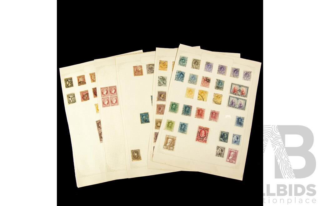 Collection of Spainish Stamps Spanning Years 1860's to 1930's Including Queen Isabella II Imperf Blocks, Alfonso Overprint, 100th Anniversary Death of Fransisco De Goya