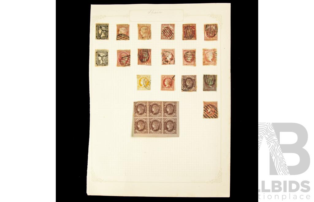 Collection of Spainish Stamps Spanning Years 1860's to 1930's Including Queen Isabella II Imperf Blocks, Alfonso Overprint, 100th Anniversary Death of Fransisco De Goya