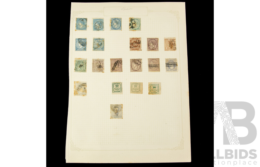 Collection of Spainish Stamps Spanning Years 1860's to 1930's Including Queen Isabella II Imperf Blocks, Alfonso Overprint, 100th Anniversary Death of Fransisco De Goya