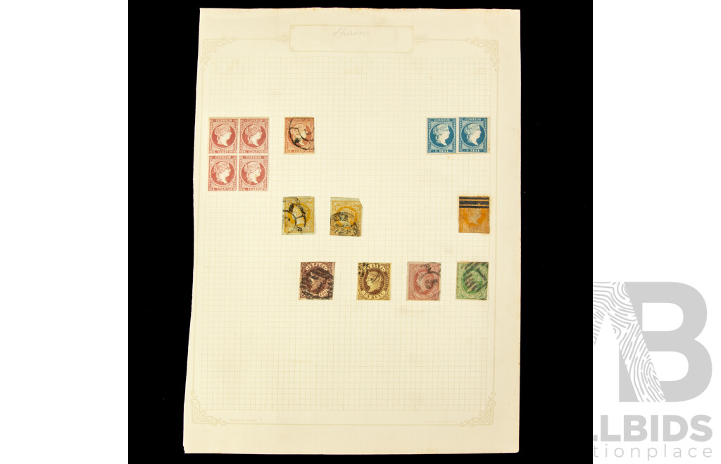 Collection of Spainish Stamps Spanning Years 1860's to 1930's Including Queen Isabella II Imperf Blocks, Alfonso Overprint, 100th Anniversary Death of Fransisco De Goya