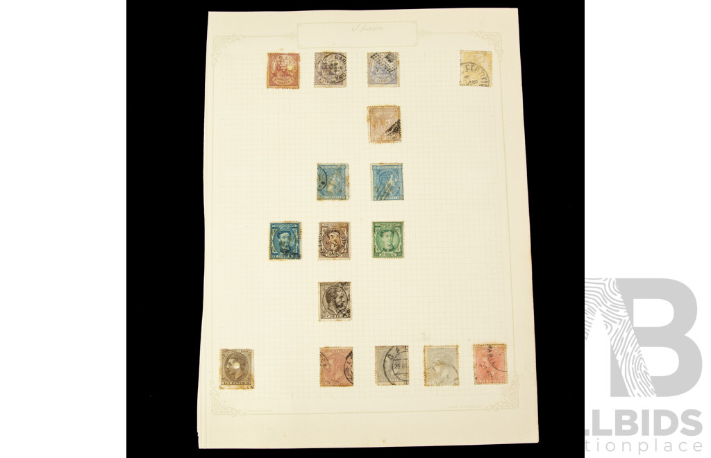 Collection of Spainish Stamps Spanning Years 1860's to 1930's Including Queen Isabella II Imperf Blocks, Alfonso Overprint, 100th Anniversary Death of Fransisco De Goya