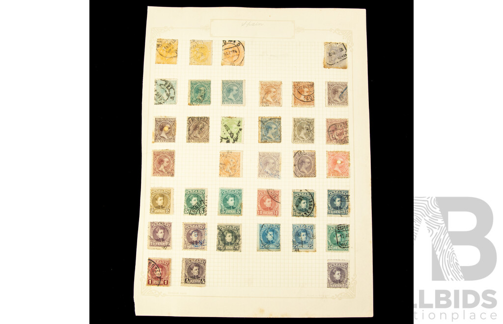 Collection of Spainish Stamps Spanning Years 1860's to 1930's Including Queen Isabella II Imperf Blocks, Alfonso Overprint, 100th Anniversary Death of Fransisco De Goya
