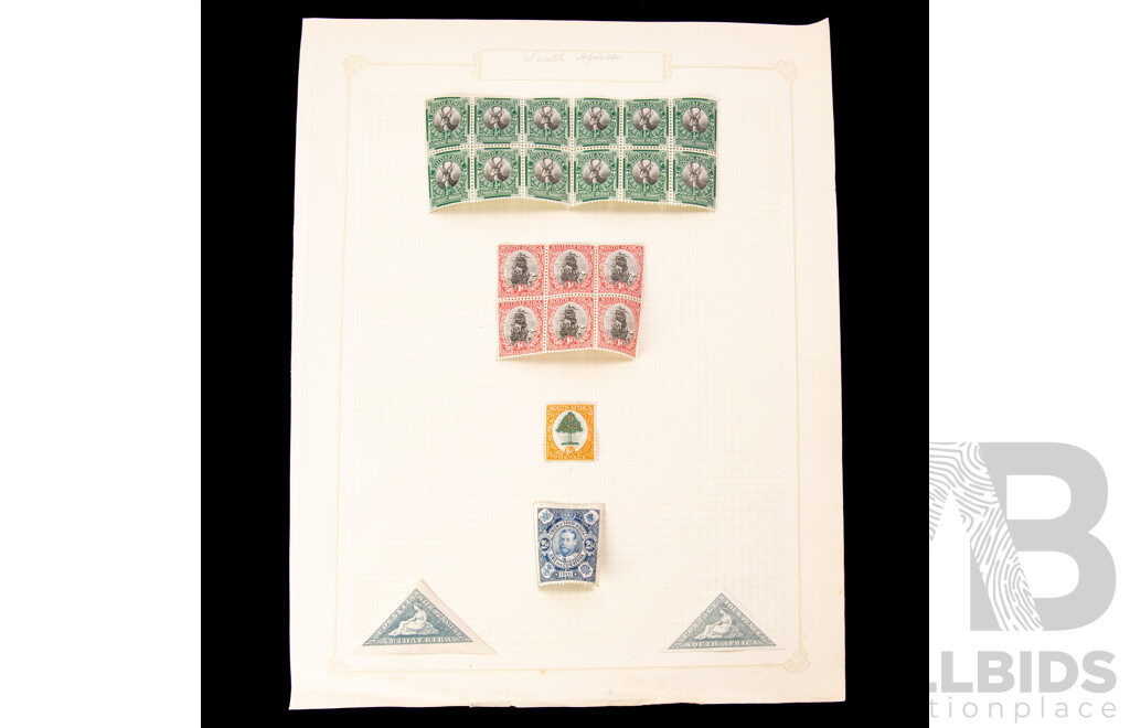 Collection of Union of South Africa Stamps, Examples Spanning 1910 to 1930's Including Hinged Mint Blocks, Imperfs, Johannesburg 1936 International Philatelic Exhibition Mini Sheet, KGV
