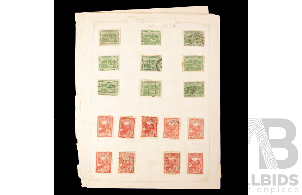 Collection of Tasmanian Stamps, Examples Spanning 1890's to 1910's Including One Pound Overprints, Revenue, Stamp Duty, Crown Over a Water Marks, QV, Kangaroo on Map, Part Set