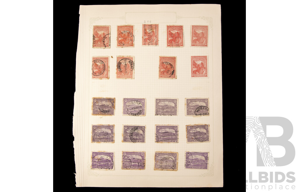 Collection of Tasmanian Stamps, Examples Spanning 1890's to 1910's Including One Pound Overprints, Revenue, Stamp Duty, Crown Over a Water Marks, QV, Kangaroo on Map, Part Set
