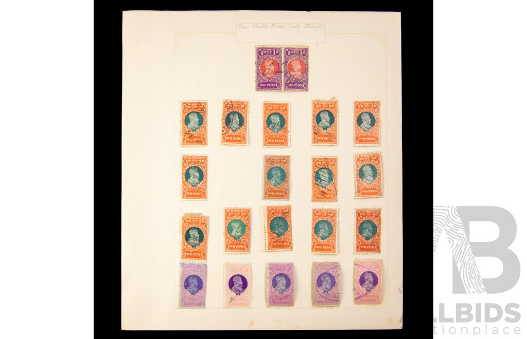 Collection of New South Wales Duty Stamps, Examples Spanning 1880's to 1910's Including QV, KGV, Hand Cancel, One Penny to One Pound