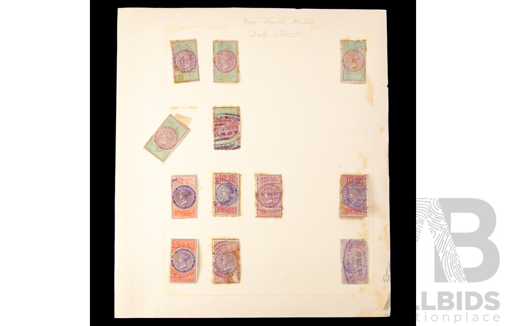 Collection of New South Wales Duty Stamps, Examples Spanning 1880's to 1910's Including QV, KGV, Hand Cancel, One Penny to One Pound
