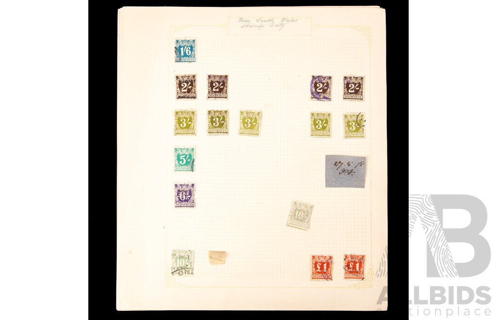 Collection of Australian Colonial/Federation New South Wales Duty Stamps, Examples Spanning 1870's to 1940's, QV, Embossed Hand Cancel, One Pound