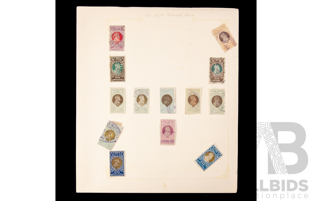 Collection of Australian Colonial/Federation New South Wales Duty Stamps, Examples Spanning 1870's to 1940's, QV, Embossed Hand Cancel, One Pound