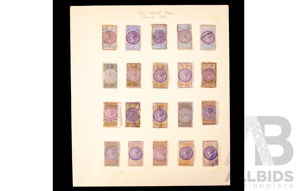 Collection of Australian Colonial/Federation New South Wales Duty Stamps, Examples Spanning 1870's to 1940's, QV, Embossed Hand Cancel, One Pound