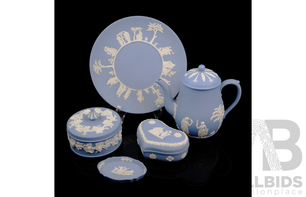 Collection Vintage Wedgwood Jasper Ware Including Lidded Teapot, Trinket Dish and More