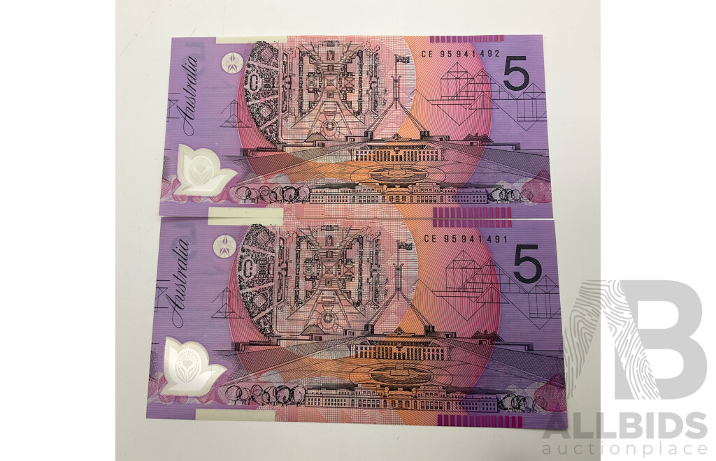 1995 Evans Fraser $5 Notes. Consecutive A/UNC CE95941491/2 R217a