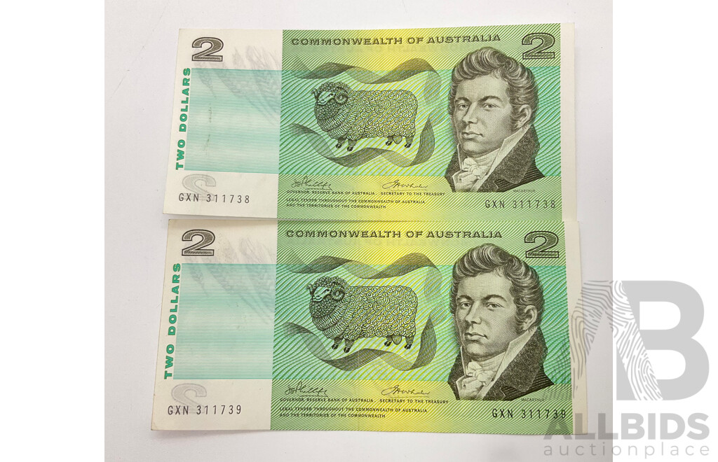 1972 Phillips Wheeler $2 Notes. A/UNC Consecutive GXN 311738/9 R84