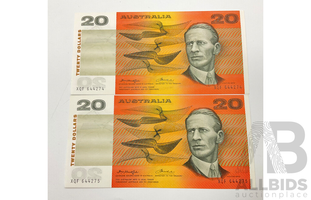 1976 Knight Wheeler $20 Notes, A/UNC Consecutive Numbers XQF 644274/5 R406a