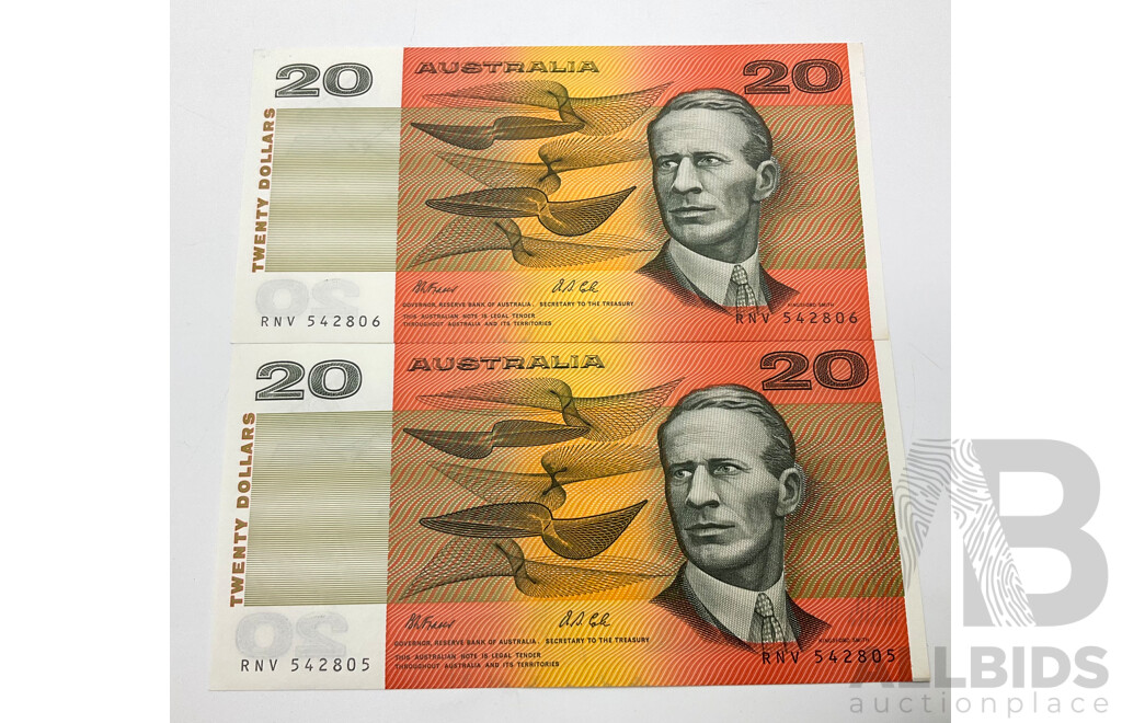 1991 Fraser Cole $20 Notes, 2 A/UNC, Consecutive Numbers RNV 542804/5 R413