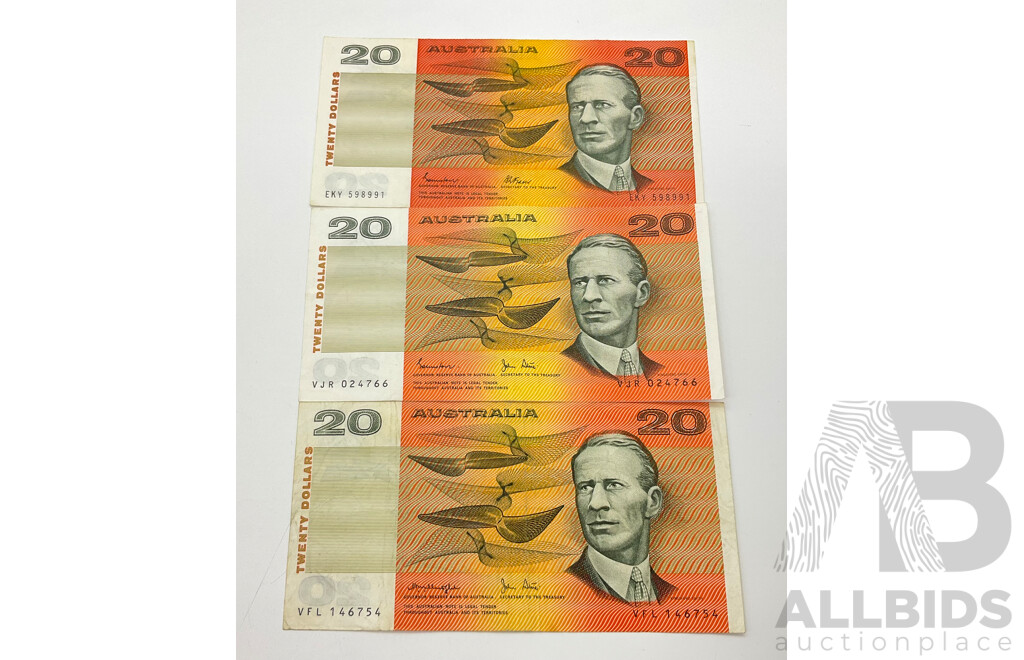 Three Australian $20 Notes. R407, R408, R409