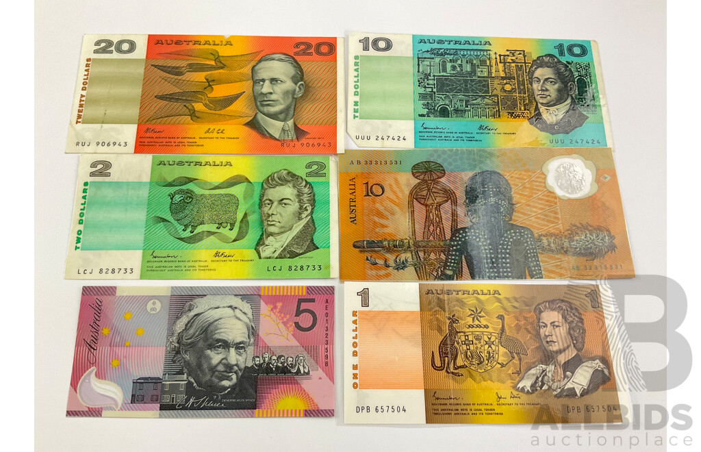 Six Australian Early Decimal Bank Notes, Laminated.