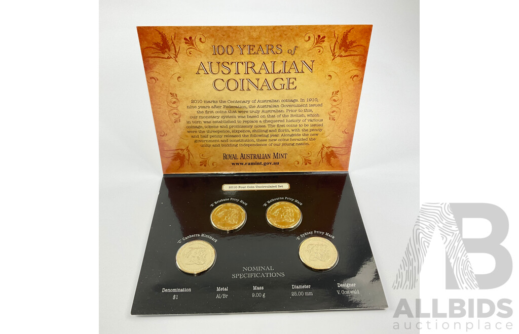 2010 Four Coin Uncirculated Coin Set, 100 Years of Australian Coinage.