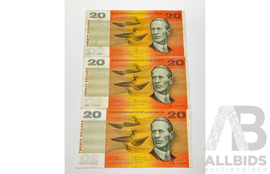 Three Australian $20 Notes. R401, R404, R403