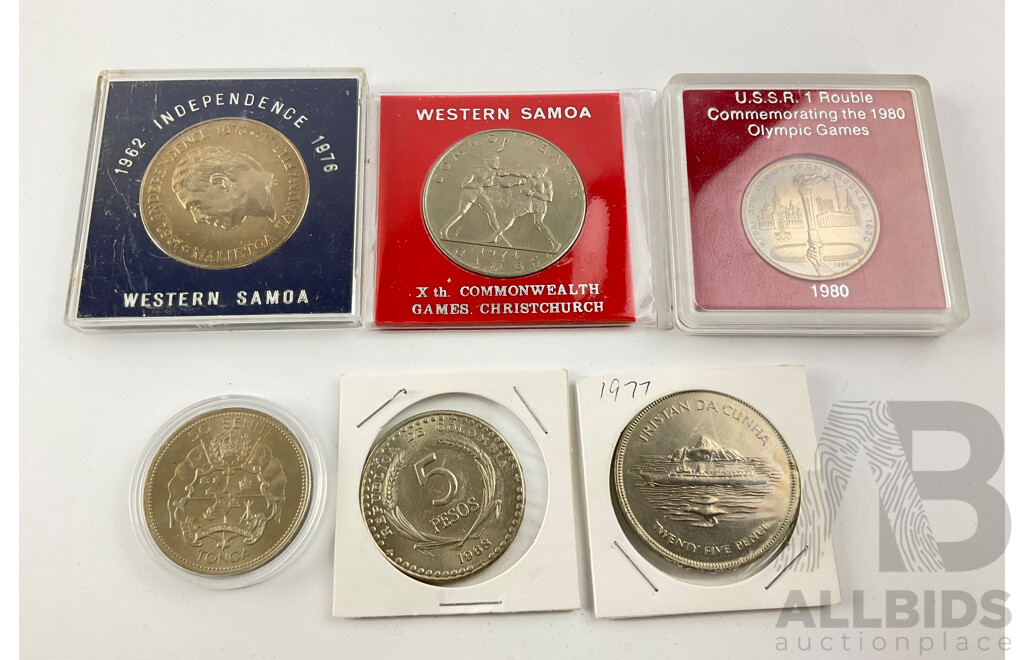 Six International Coins. Columbia,Tonga,Bermuda, Russia,Western Samoa.