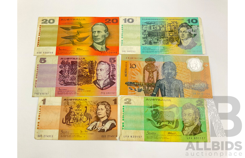 Six Australian Early Decimal Bank Notes, Laminated.