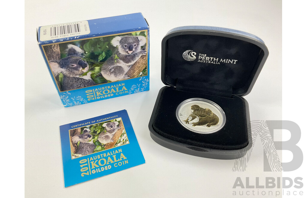 2010 Perth Mint Fine Silver Koala Gilded Coin.