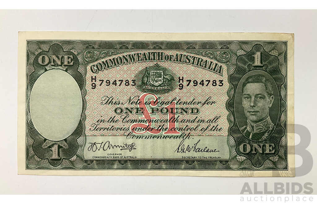 1942 Armitage McFarlane One Pound Note. R30a H9 794783 A/UNC.