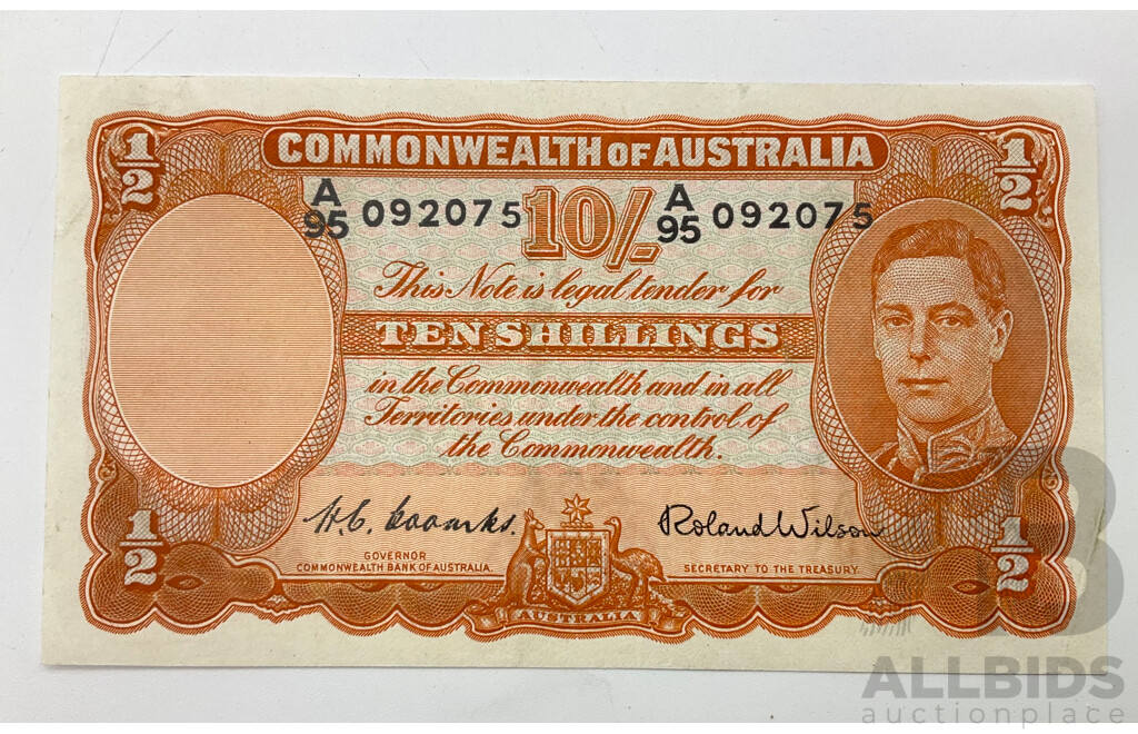 1952 Coombs Wilson Ten Shilling Note. R15 A95 092075 A/UNC.