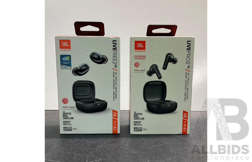 JBL LiveFree2 & Pro2 Earphones - Lot of 2 - ORP $399.00