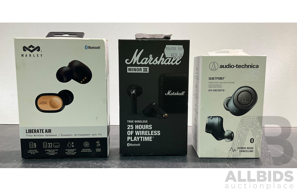 Audio Technica Quietpoint, Marshall Minor III & Harley Liberate Air Earphones - Lot of 3 - ORP $439.00