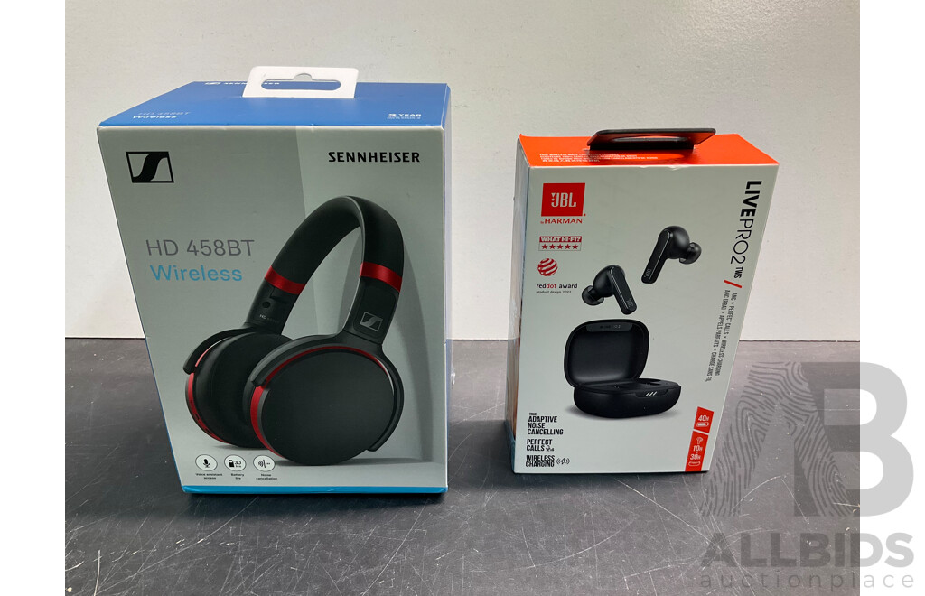 Sennheiser HD 458BT Wireless Headphones & JBL LivePro2 Earphones - Lot of 2 - ORP $400.00