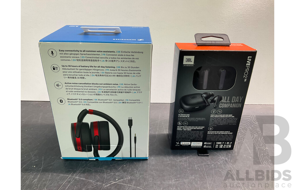 Sennheiser HD 458BT Wireless Headphones & JBL LivePro2 Earphones - Lot of 2 - ORP $400.00